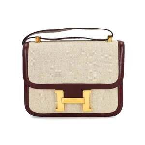 Hermes Constance 23 Shoulder Handbag, Toile H Box Calf Leather, Beige Rouge H...
